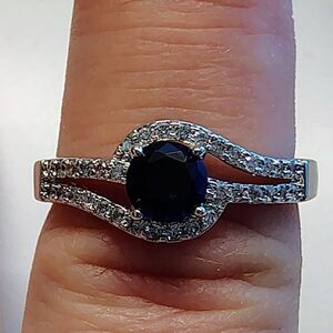Sterling Silver Blue Sapphire Halo Ring with Pavé Accents